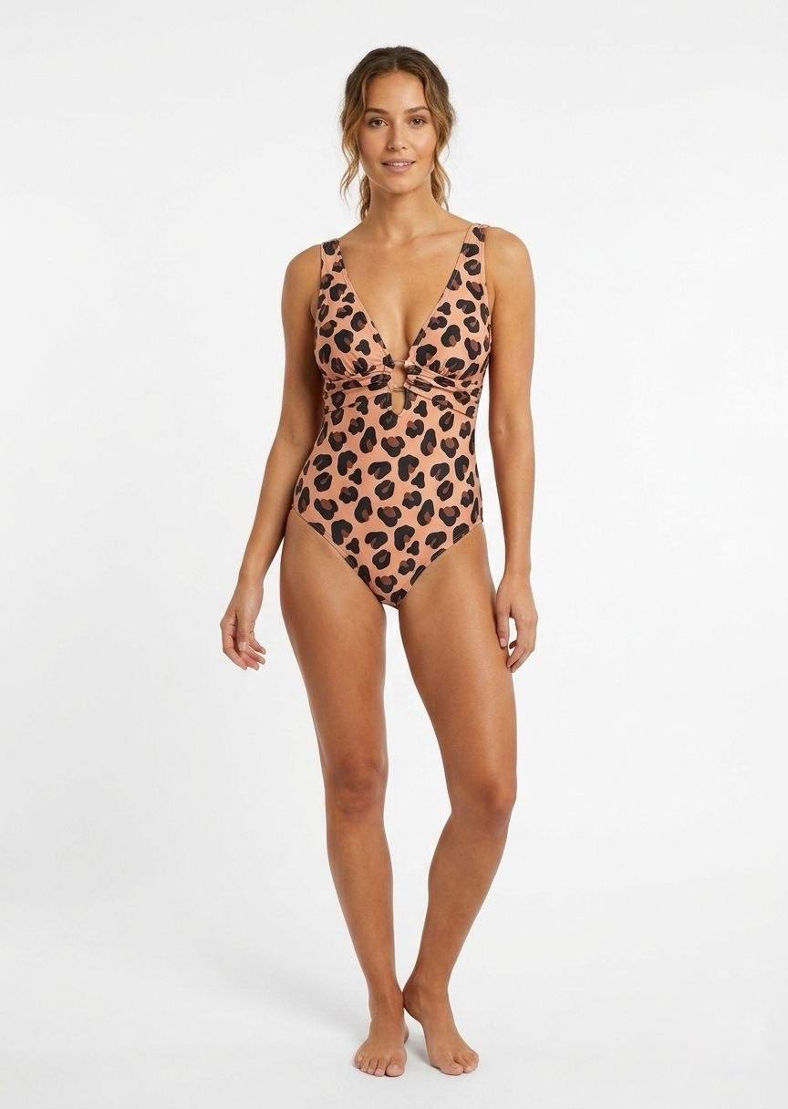 TU BRAND Leopard Print Ring-Detail One-Piece Swimsuit