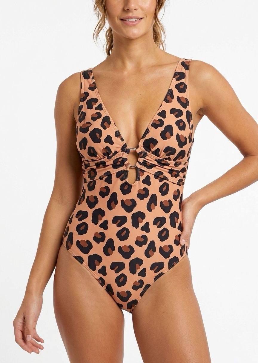 TU BRAND Leopard Print Ring-Detail One-Piece Swimsuit