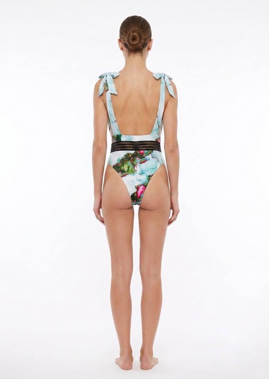 SHEIN Marble Print Tie-Shoulder One-Piece Swimsuit