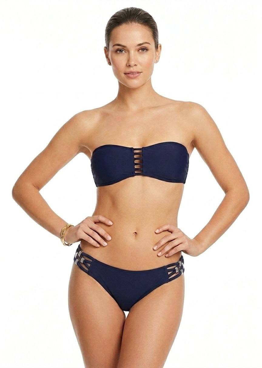 Women's Navy Strappy Cut-Out Bandeau Bikini Set
