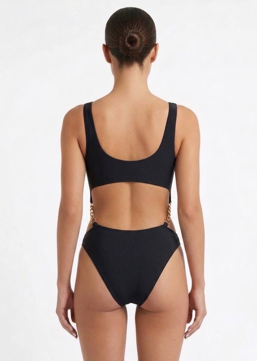 SHEIN Women’s Black One-Piece Swimsuit with Gold Chain Detail