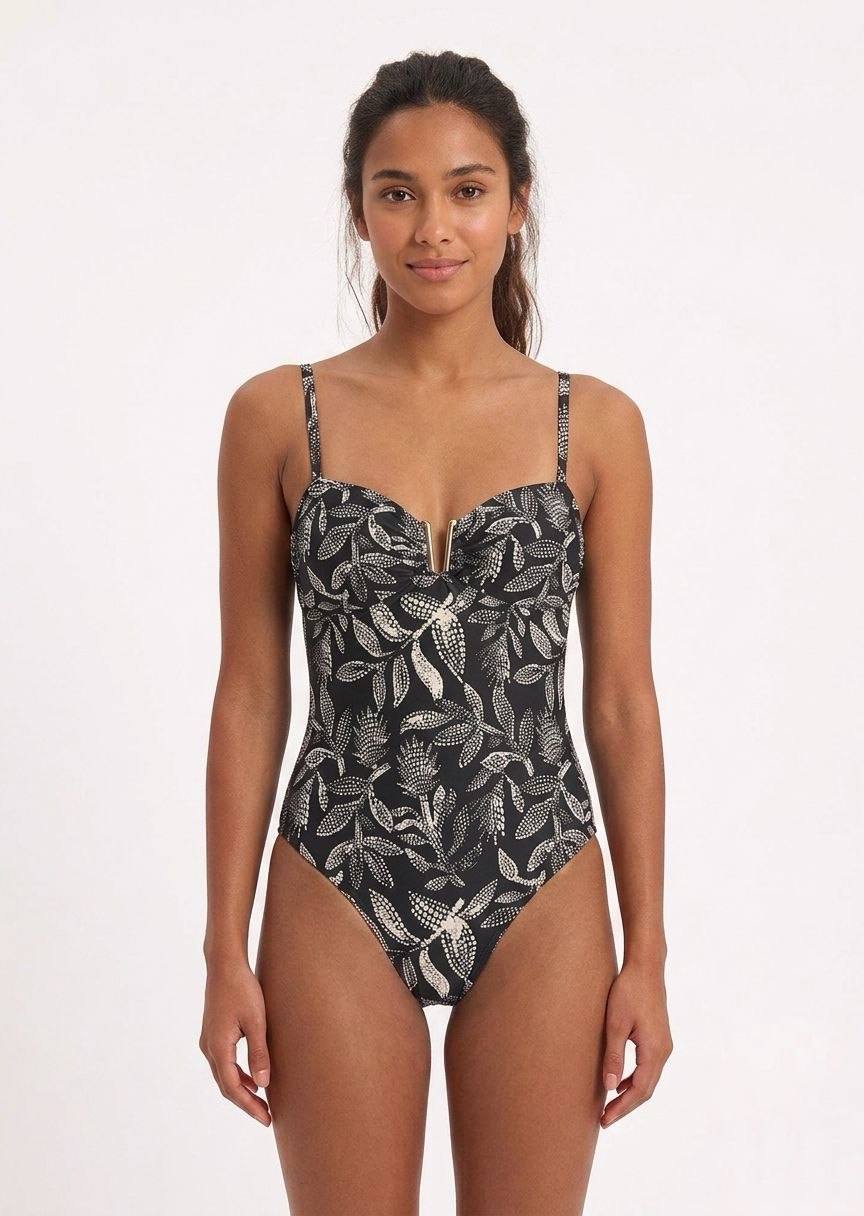TU BRAND Women’s Botanical Print One-Piece Swimsuit with V-Wire Detail