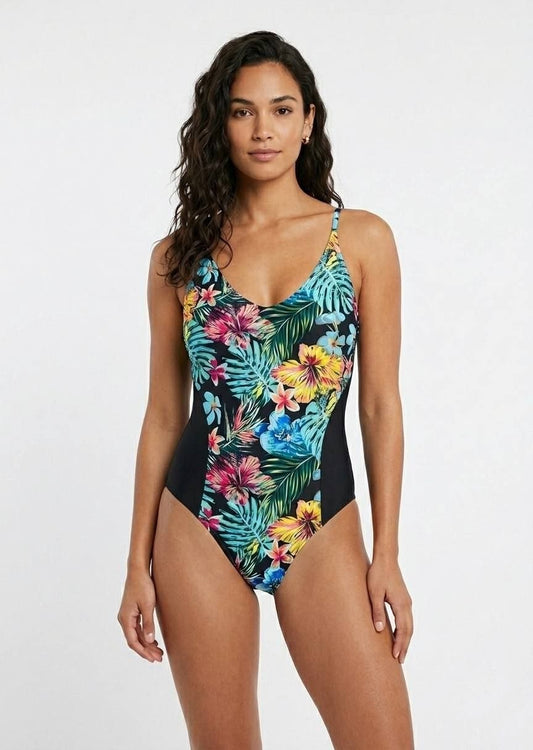 SHEIN Tropical Floral One-Piece Swimsuit with Slimming Side Panels