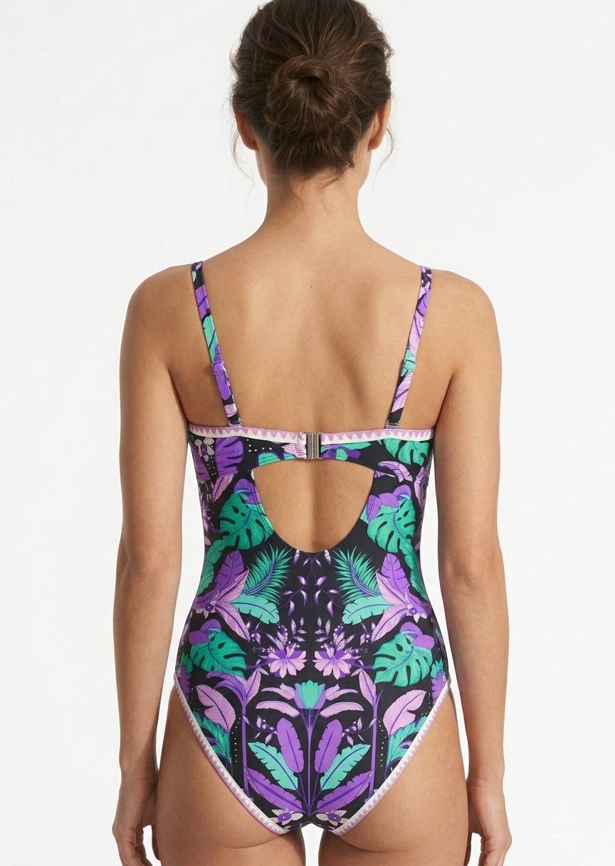 Tropical Botanical Print One-Piece Swimsuit with Cut-Out Back