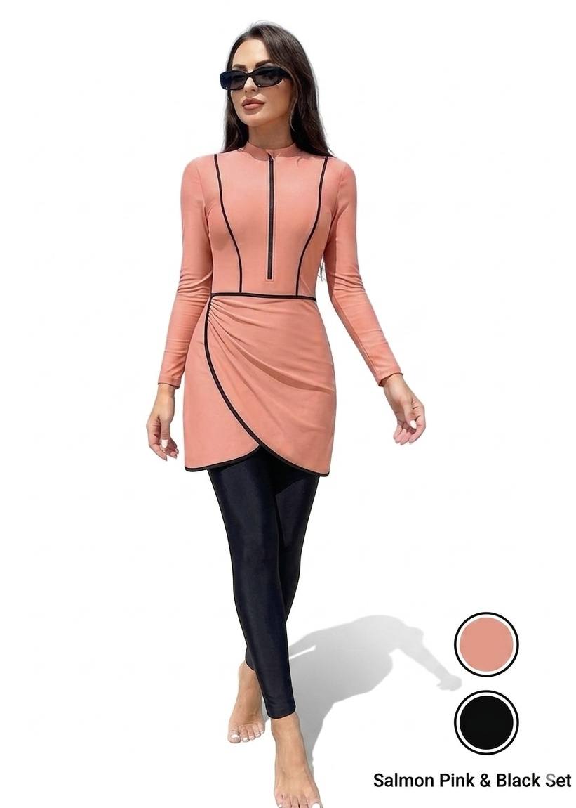 SHEIN Modest Zip-Front Long Sleeve 3-Piece Swimwear Set .