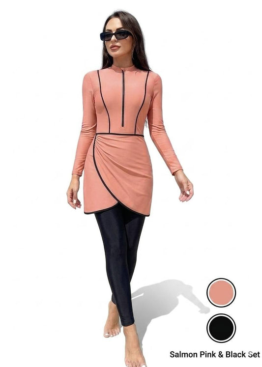 SHEIN Modest Zip-Front Long Sleeve 3-Piece Swimwear Set .
