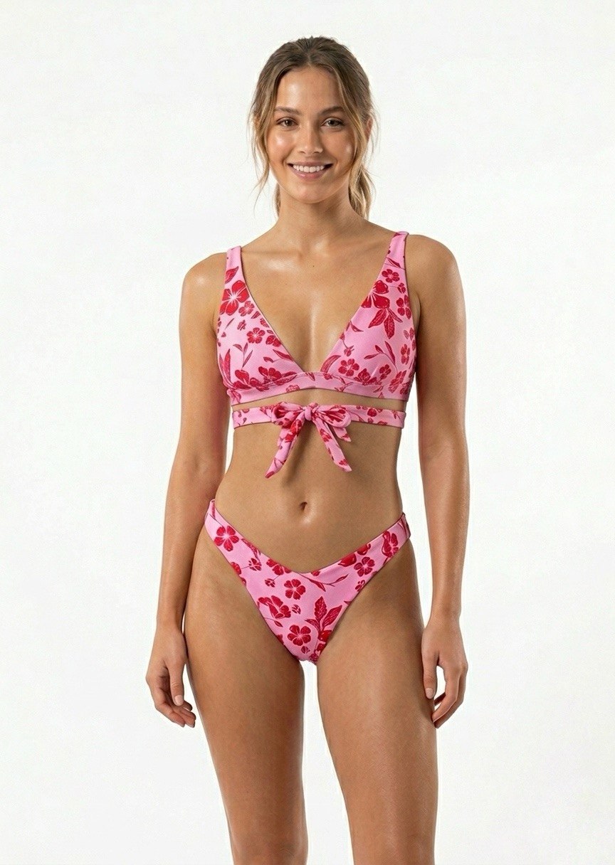 SHEIN Tropical Floral Triangle Bikini Set with Front-Tie Wrap Detail - Pink