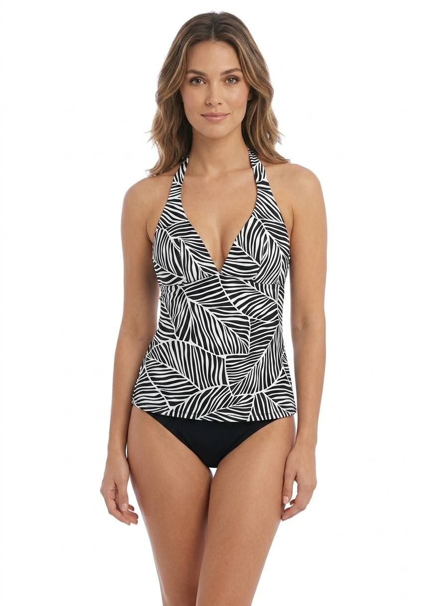 TU Black and White Palm Leaf Print Halter Tankini Top