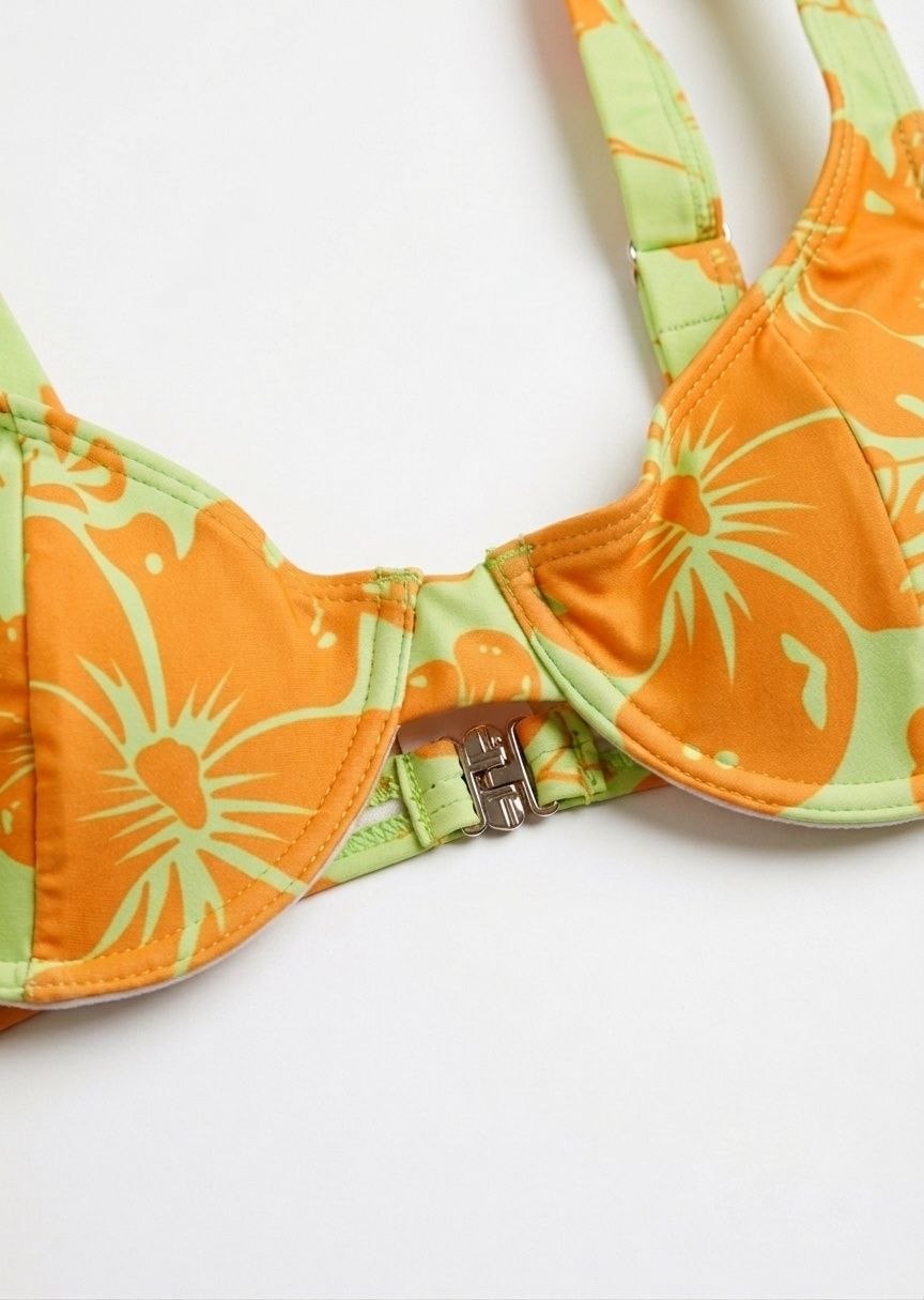 Floral Print Underwire Bikini Set - Lime Green & Orange