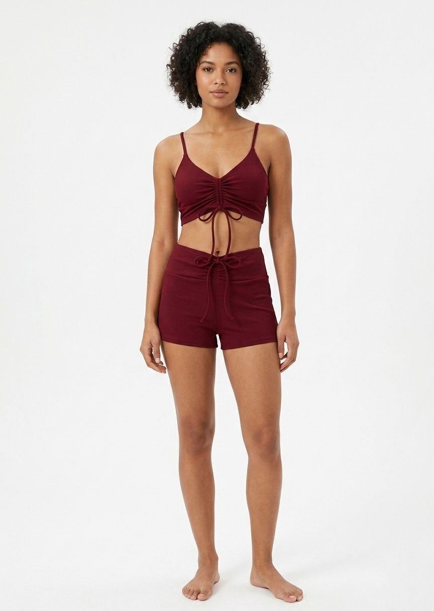 SHEIN Ribbed Ruched Drawstring Bikini Set with Shorts