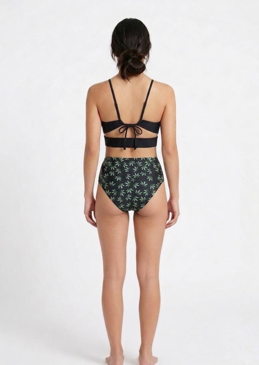 SHEIN Women's High-Waisted Bikini Set - Black Leaf Print