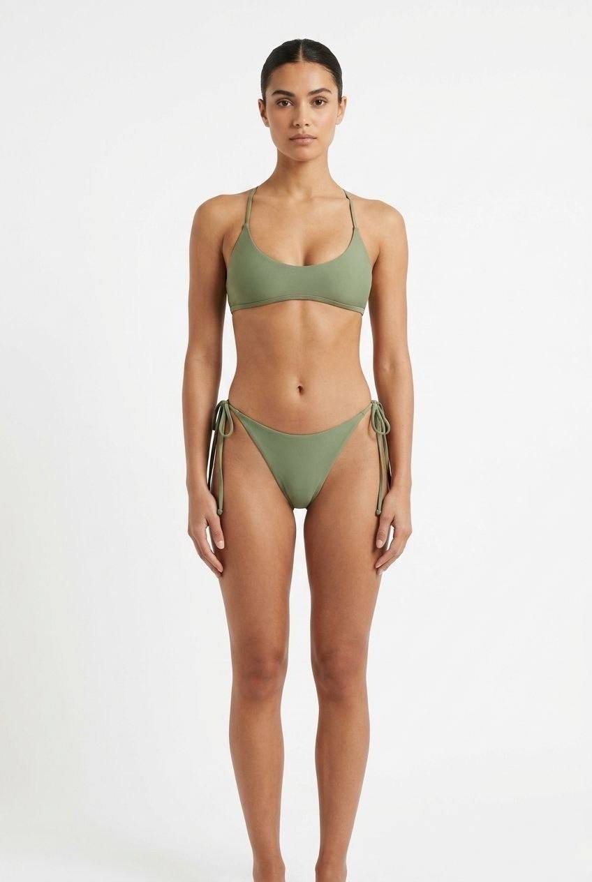 SHEIN Olive Green Scoop-Neck Bikini Set with Tie-Side Bottoms