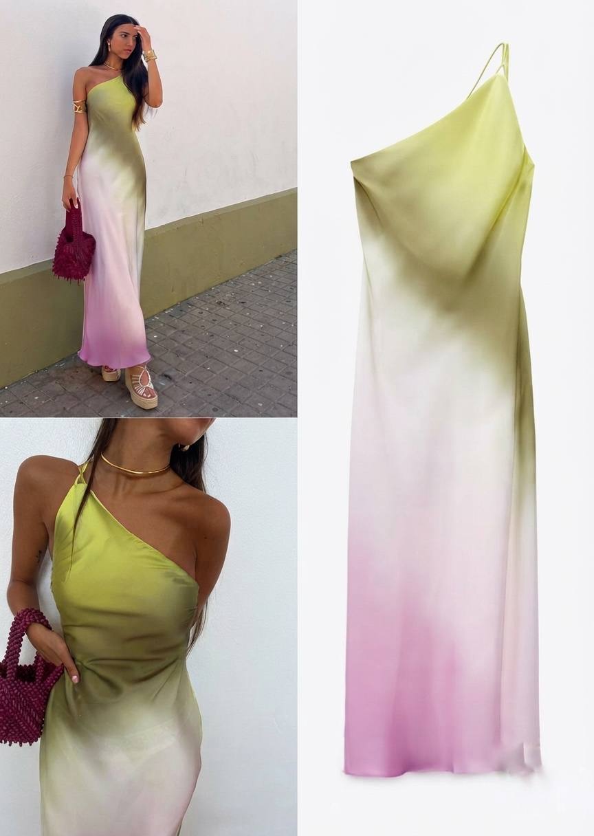 ZARA Ombré Satin One-Shoulder Maxi Dress