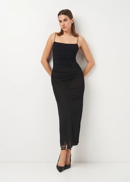 ZARA Sleek Black Ruched Mesh Midi Dress