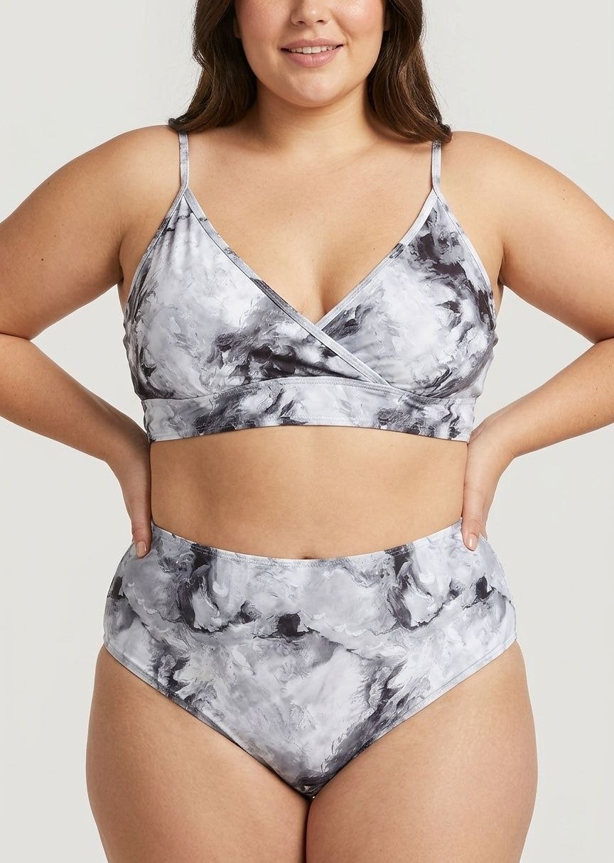 SHEIN Marble Print Surplice High-Waisted Bikini Set