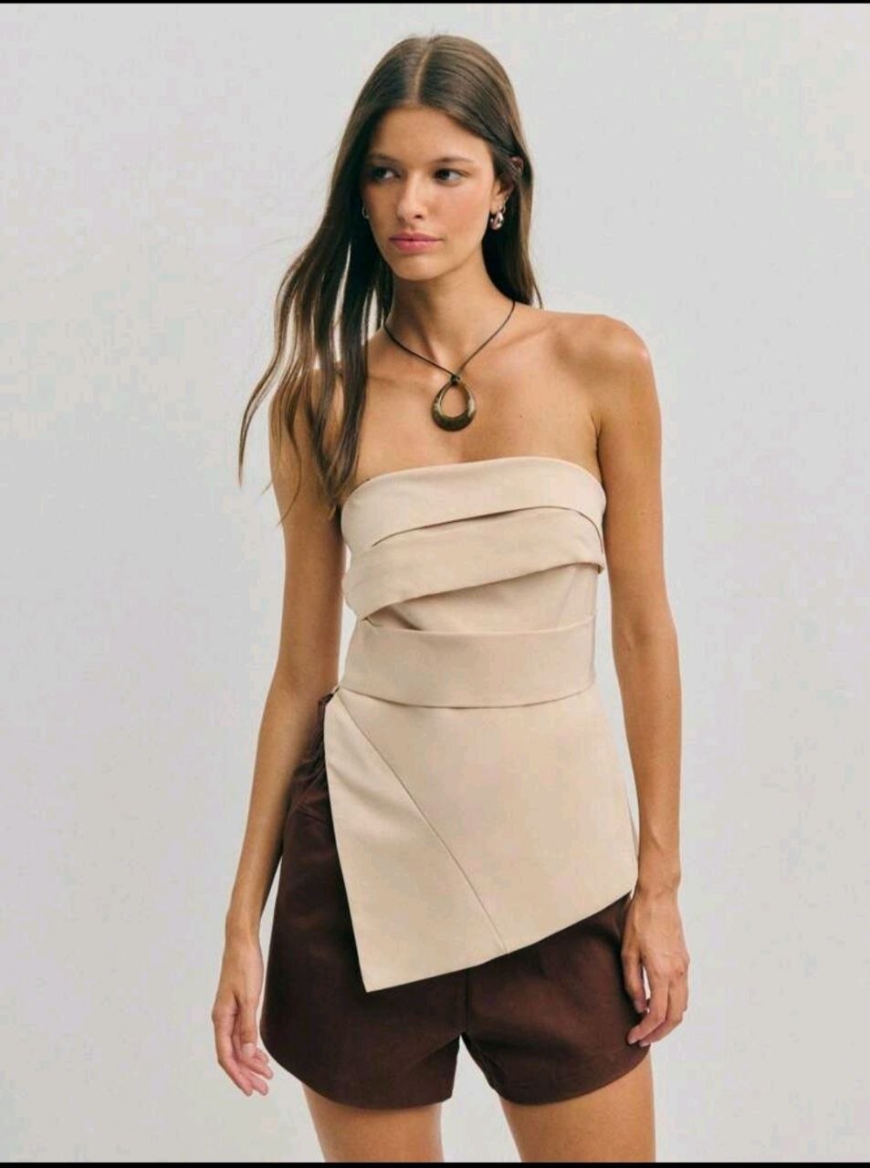 Nöista Women's Light Beige Summer Bandage Top,Asymmetrical Layered Silhouette Strapless Neckline Smooth Stretch Fabric,Night Out Beach Casual Versatile Top