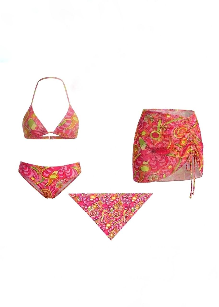 SHEIN Retro Psychedelic Floral 4-Piece Bikini Set with Sarong and Bandana