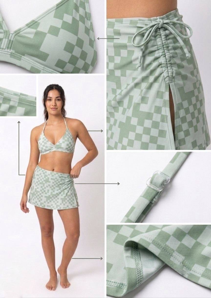 SHEIN Women's Green Checkerboard 3-Piece Bikini with Matching Skirt Cover-up