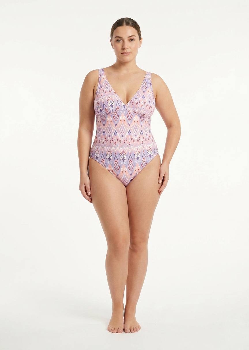 TU BRAND Patterned V-Neck One-Piece Swimsuit