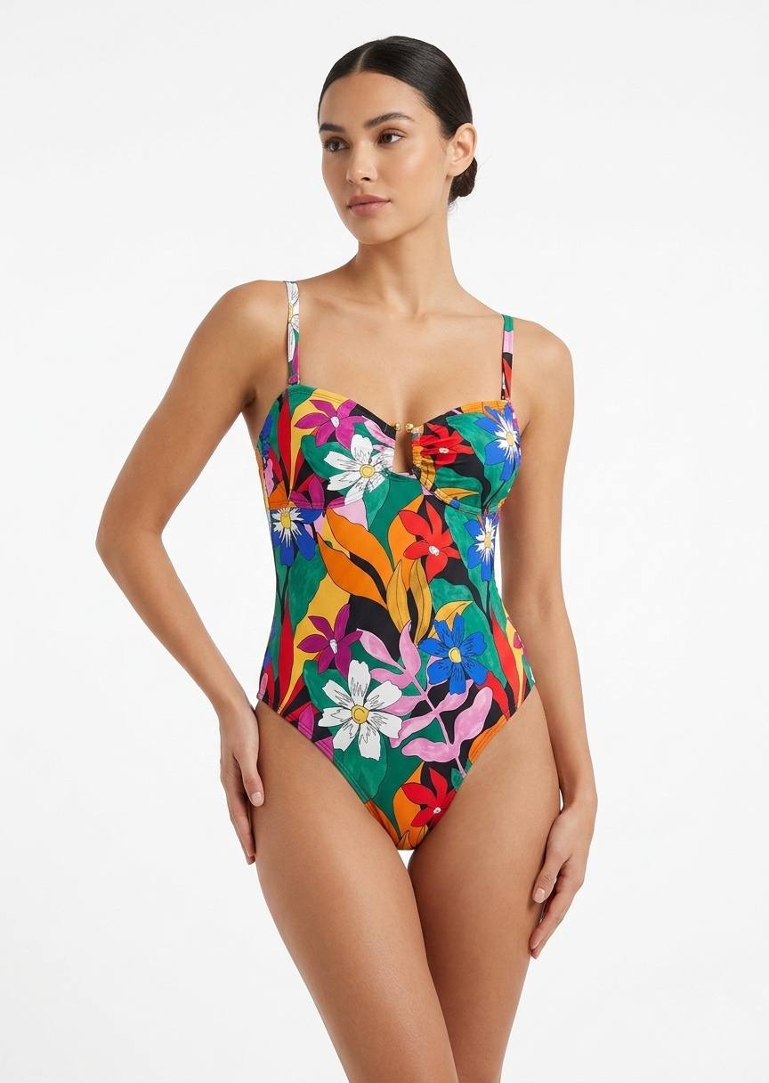 TU BRAND Vibrant Floral Print One-Piece Swimsuit with Gold Hardware Detail