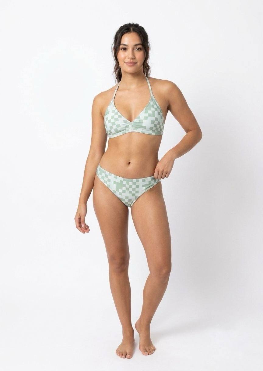 SHEIN Women's Green Checkerboard 3-Piece Bikini with Matching Skirt Cover-up