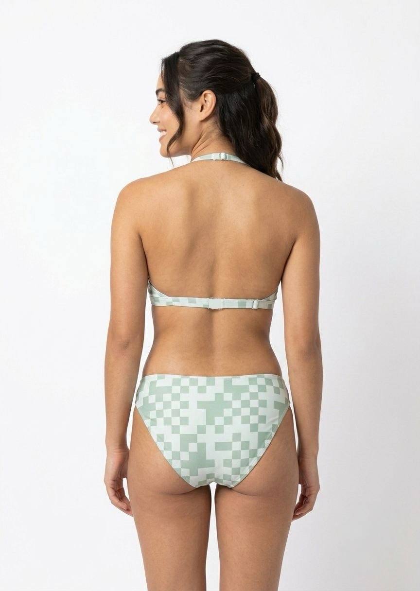 SHEIN Women's Green Checkerboard 3-Piece Bikini with Matching Skirt Cover-up
