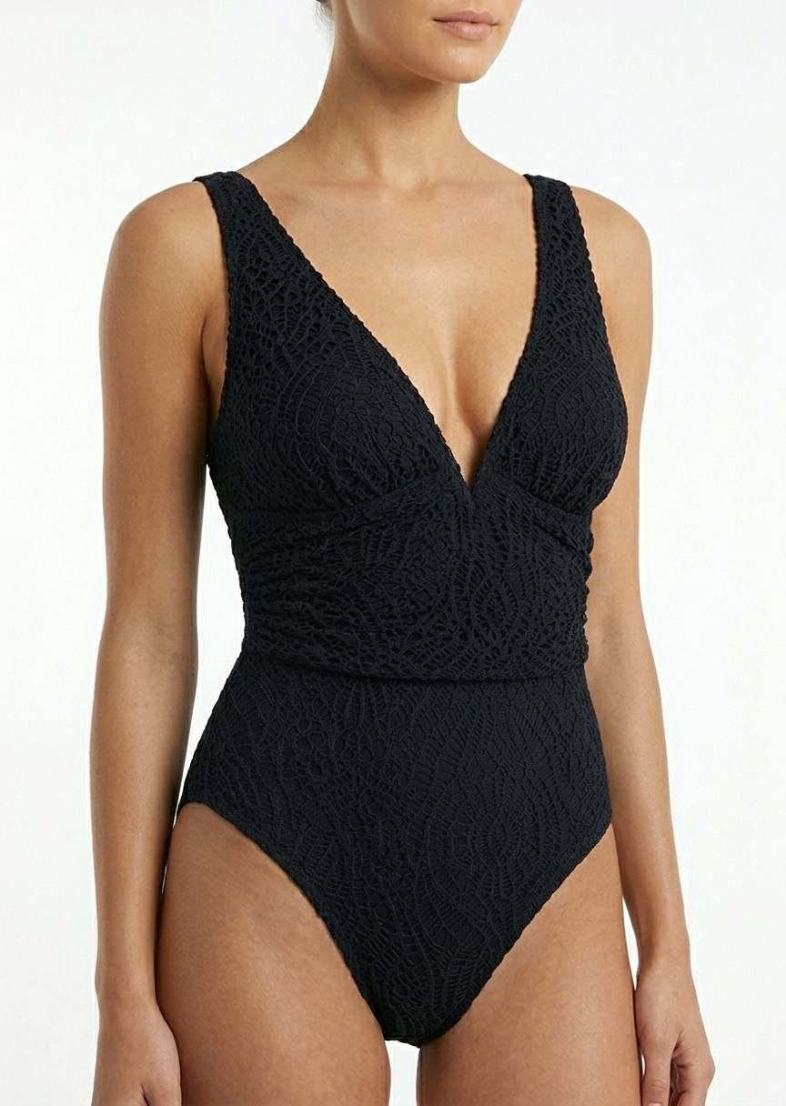 HUNKEMOLLER Textured Crochet Plunging V-Neck One-Piece Swimsuit