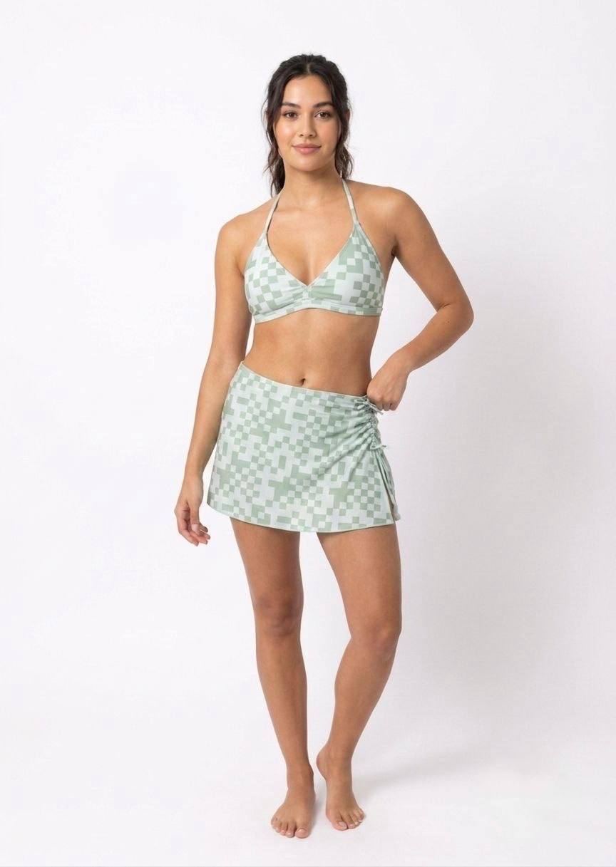 SHEIN Women's Green Checkerboard 3-Piece Bikini with Matching Skirt Cover-up