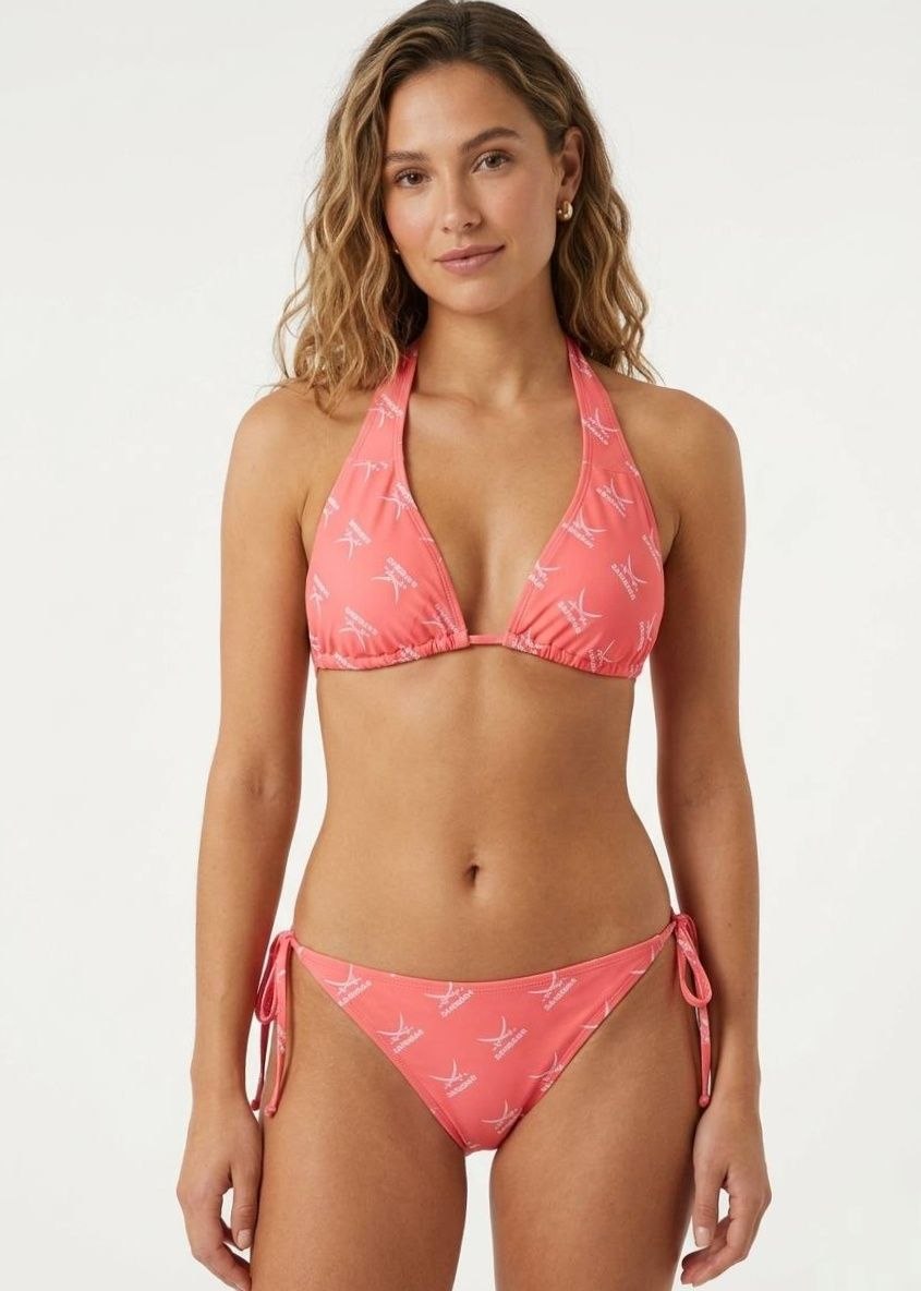 SANSIBAR BRAND Coral Pink Logo Print Halter Triangle Bikini Set