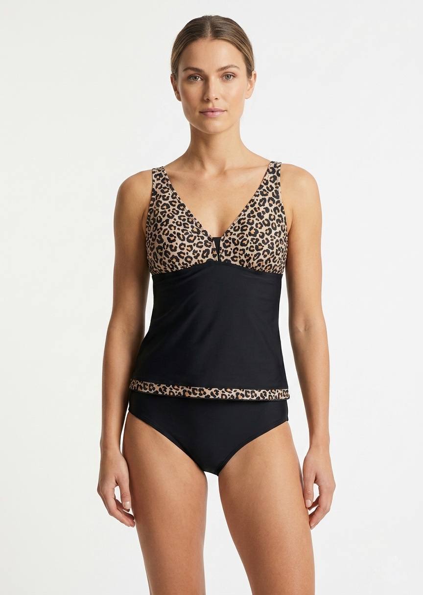 Leopard Print V-Neck Tankini and High-Waisted Bikini Set