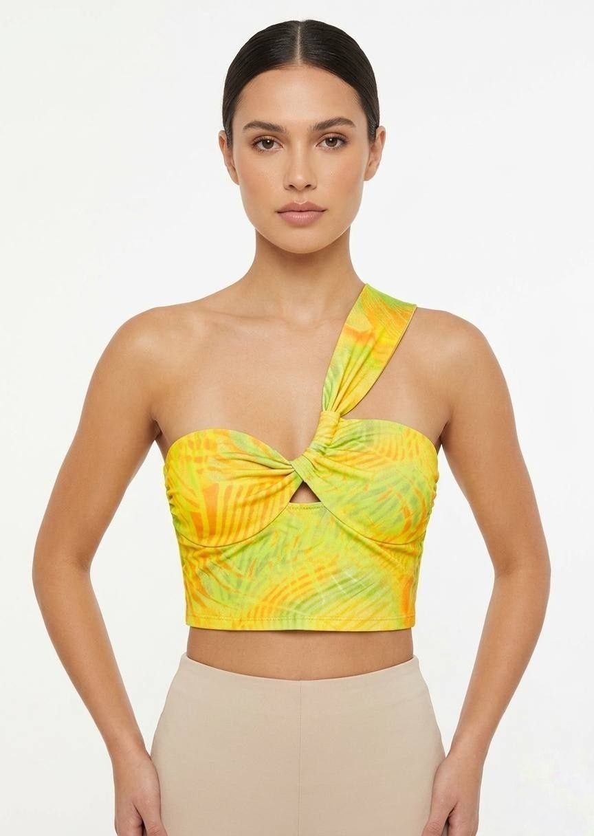 BERSHKA Tropical Print One-Shoulder Twist Front Crop Top