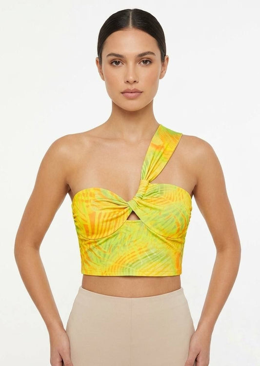 BERSHKA Tropical Print One-Shoulder Twist Front Crop Top
