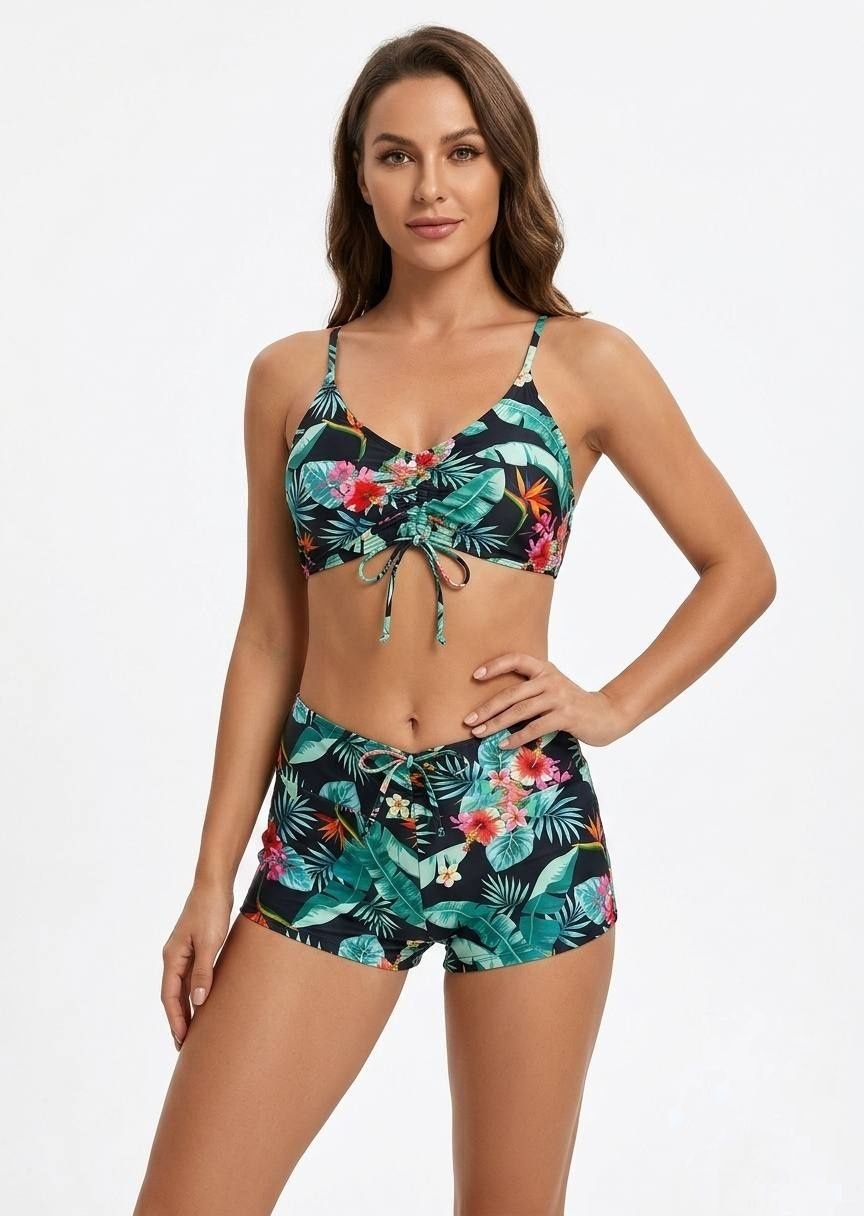 SHEIN Tropical Floral High-Waisted Swim Shorts Bikini Set - Black