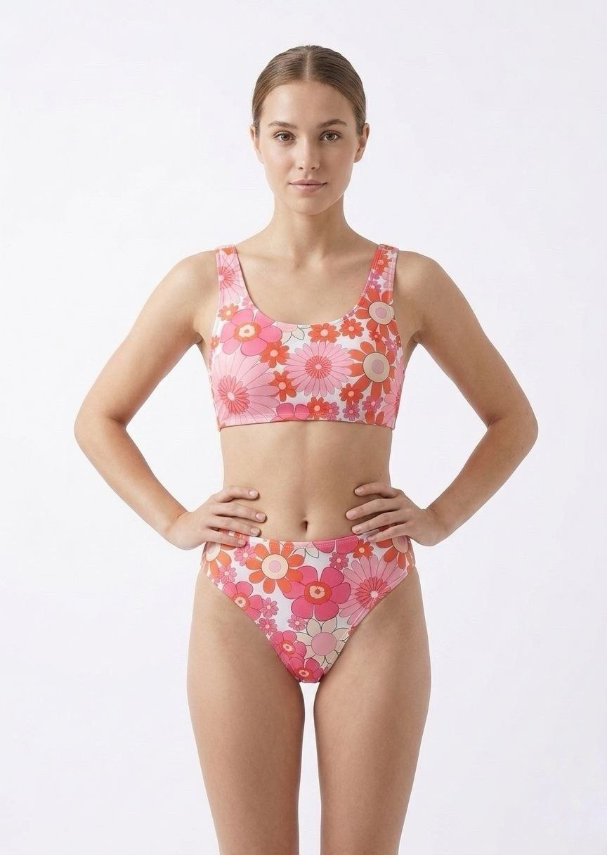 SHEIN Retro 70s Floral Scoop Neck Bikini Set with High-Cut Bottoms - Pink Multi