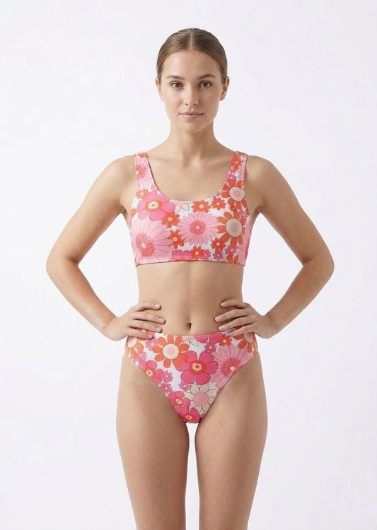 SHEIN Retro 70s Floral Scoop Neck Bikini Set with High-Cut Bottoms - Pink Multi