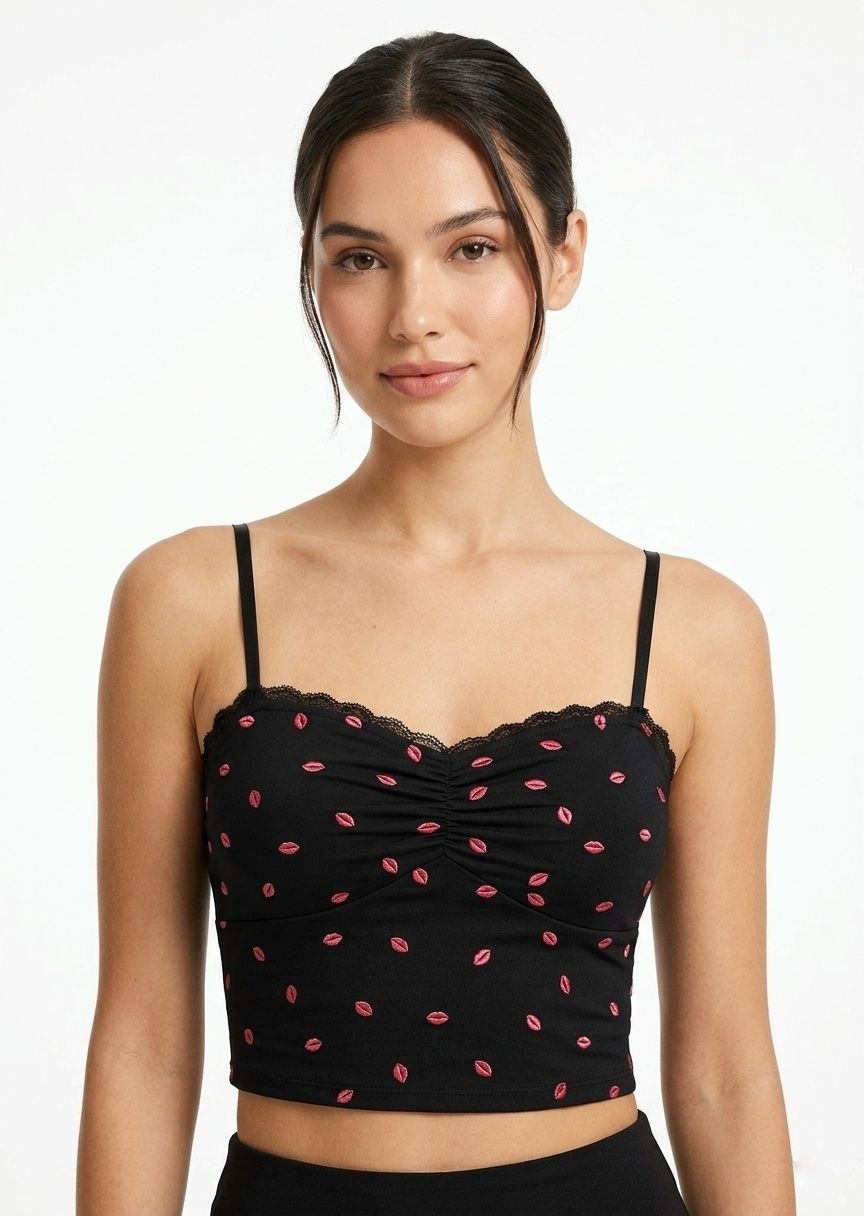 BERSHKA Women's Lip Print Spaghetti Strap Ruched Crop Top - Black