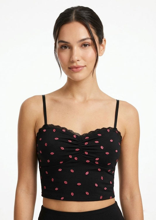 BERSHKA Women's Lip Print Spaghetti Strap Ruched Crop Top - Black