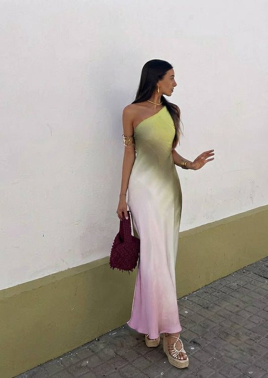 ZARA Ombré Satin One-Shoulder Maxi Dress