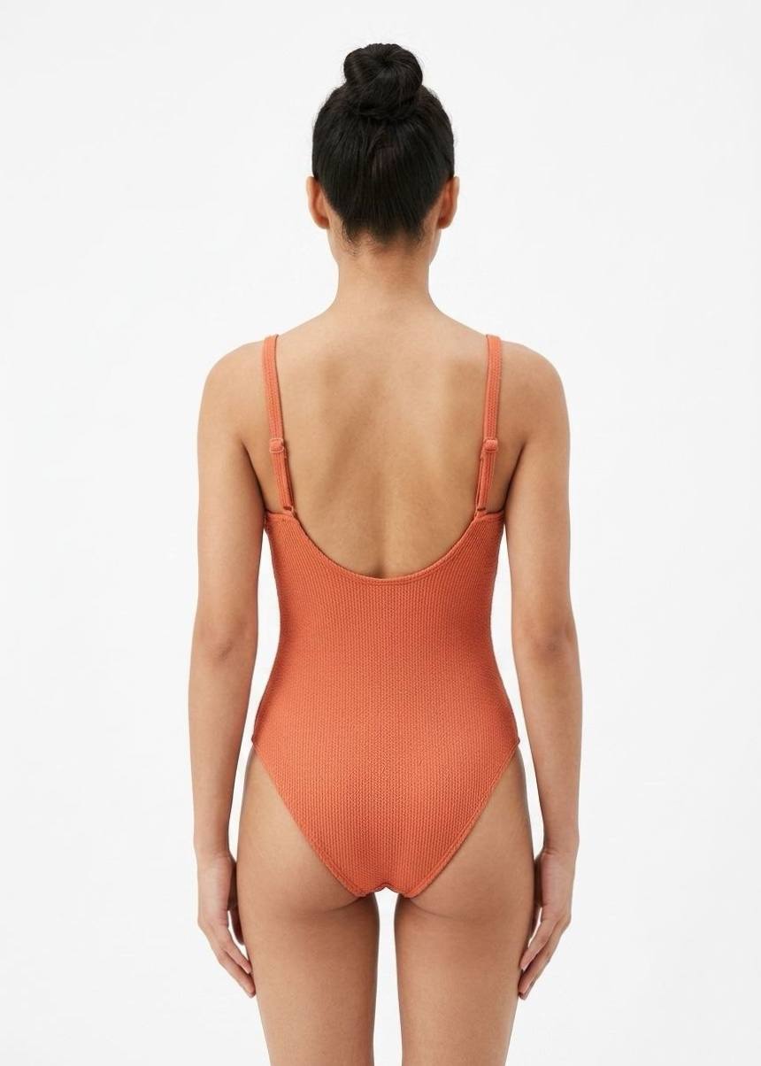 TU BRAND Women’s Textured V-Notch One-Piece Swimsuit – Terracotta