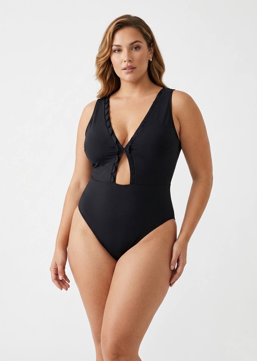 SHEIN Black Scalloped Cut-Out One-Piece Swimsuit