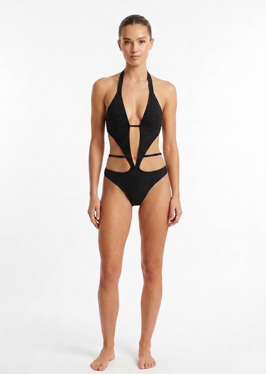 SHEIN Black Cut-Out Halter One-Piece Swimsuit with Textured Finish