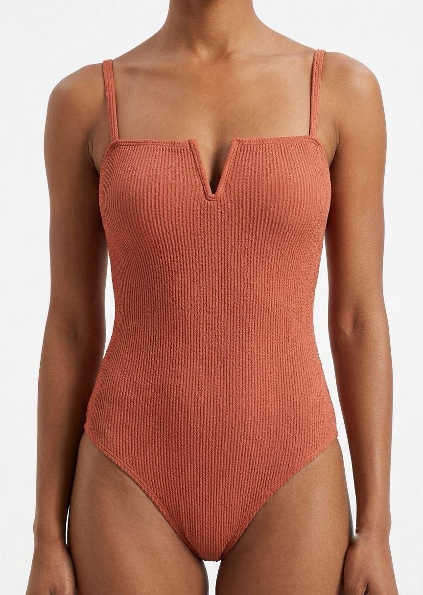 TU BRAND Women’s Textured V-Notch One-Piece Swimsuit – Terracotta