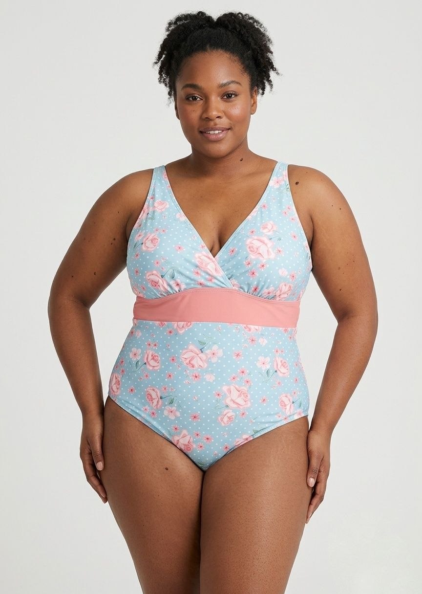 SHEIN Floral Print Surplice One-Piece Swimsuit with Back Tie
