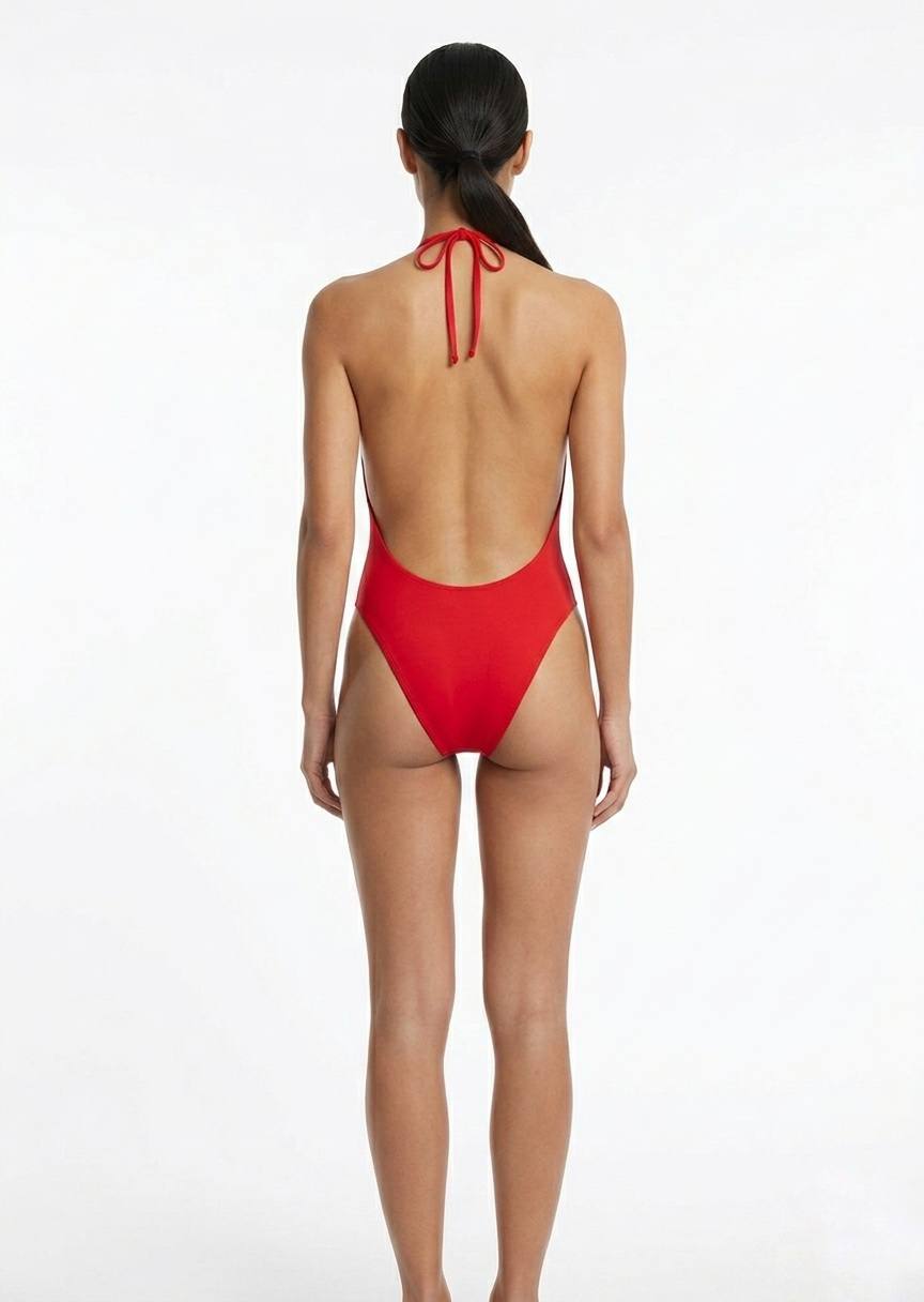 SHEIN Red Deep Plunge Halter One-Piece Swimsuit