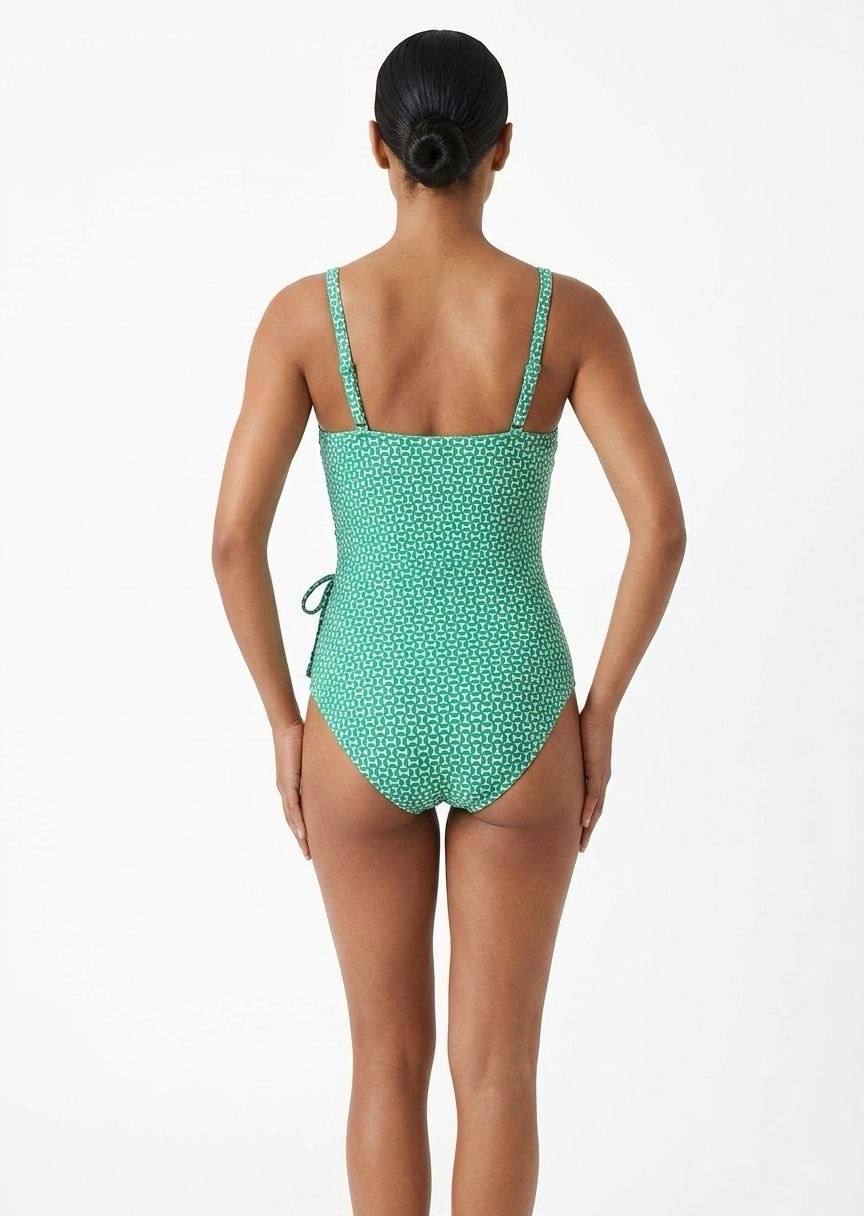 TU BRAND Women’s Green Geometric Print Wrap One-Piece Swimsuit