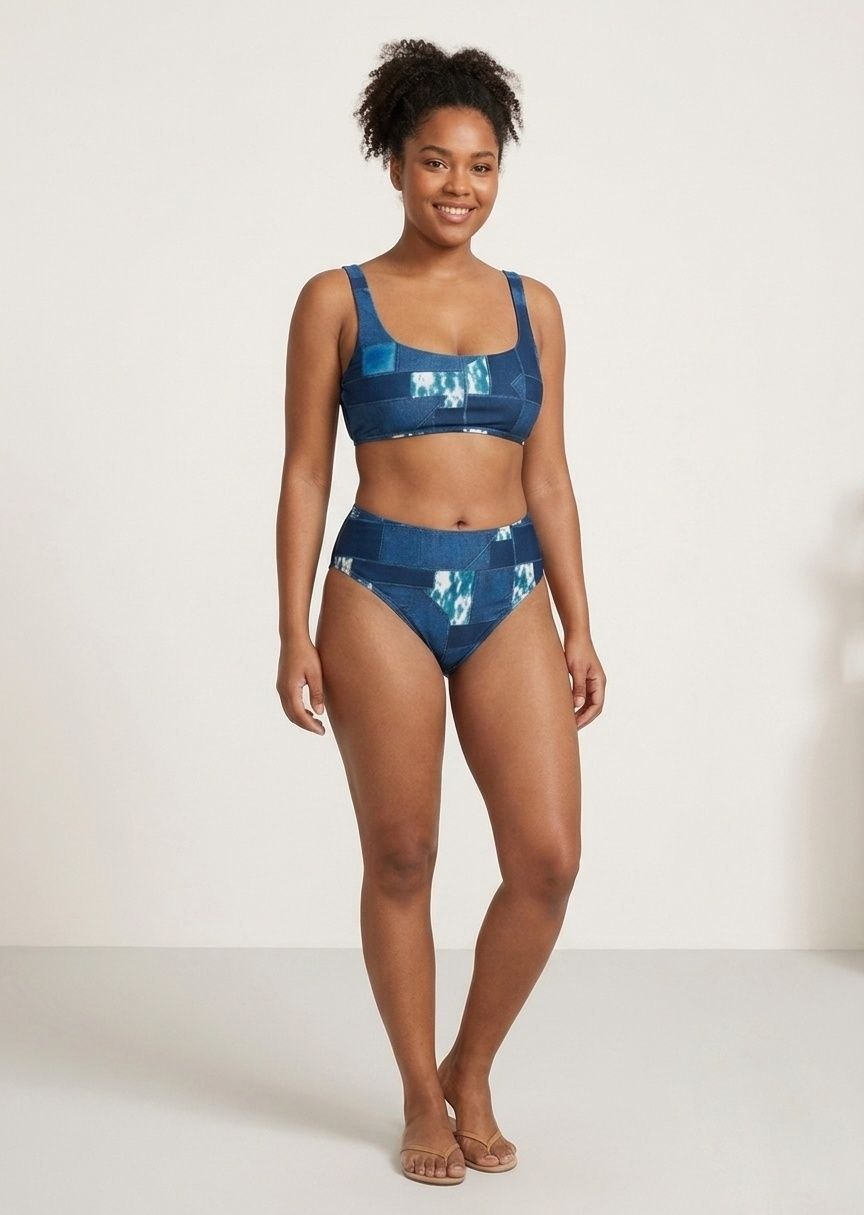 SHEIN Denim Patchwork Print High-Waisted Bikini Set