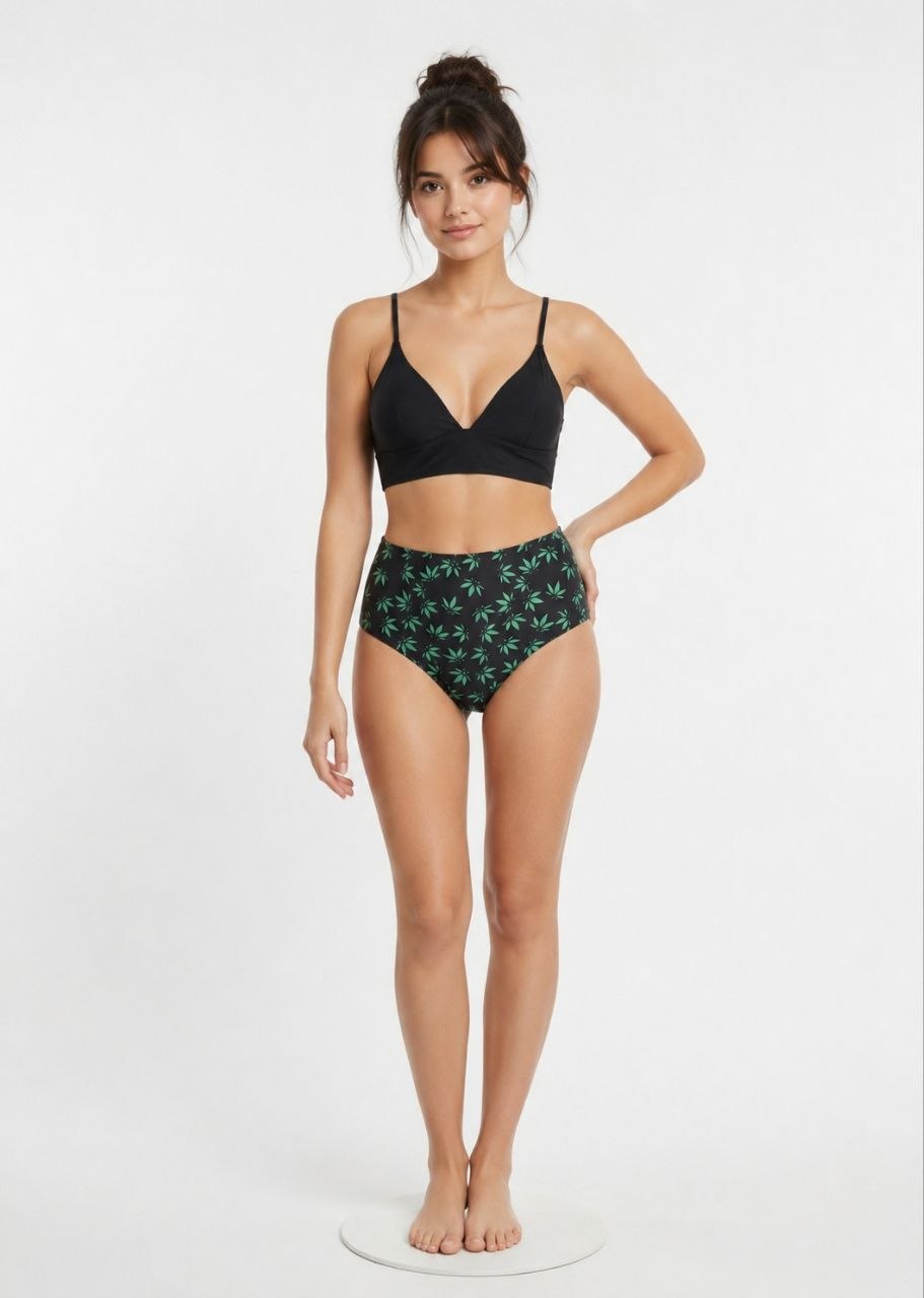SHEIN Women's High-Waisted Bikini Set - Black Leaf Print
