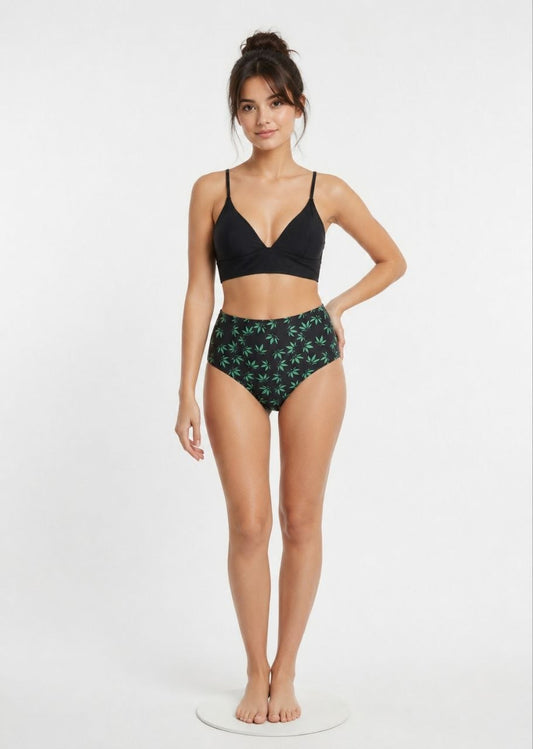 SHEIN Women's High-Waisted Bikini Set - Black Leaf Print