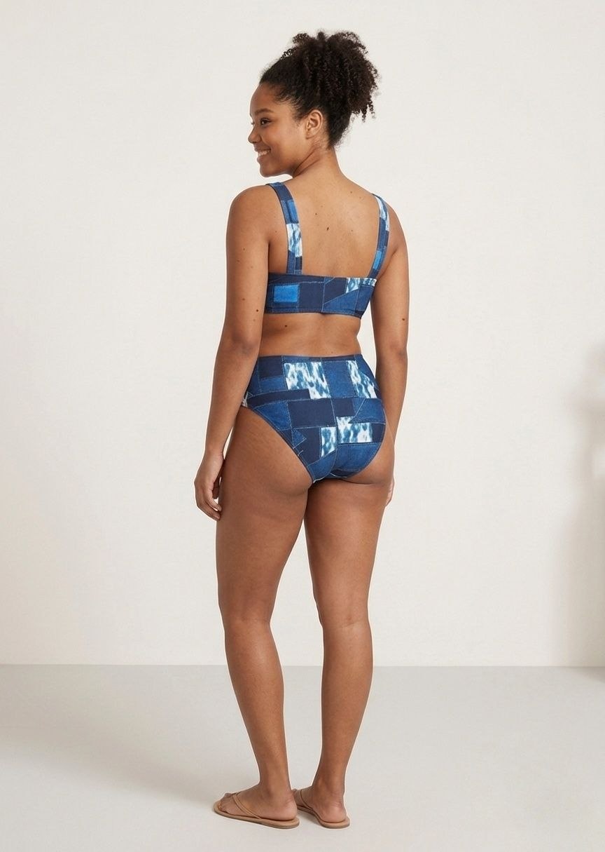 SHEIN Denim Patchwork Print High-Waisted Bikini Set