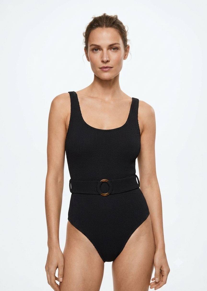 TU BRAND Women’s Textured One-Piece Swimsuit with Belt Detail – Black